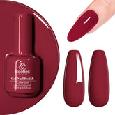 Beetles vernis gel rouge, bouteille visible avec couleur élégante.