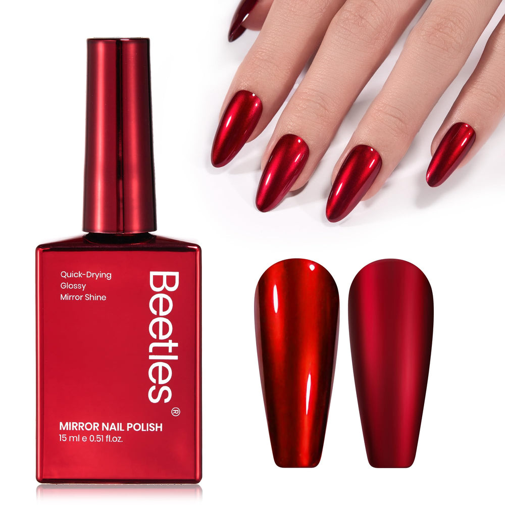 Vernis Beetles rouge chrome en bouteille: effet miroir brillant et durable.