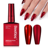 Vernis Beetles rouge chrome en bouteille: effet miroir brillant et durable.
