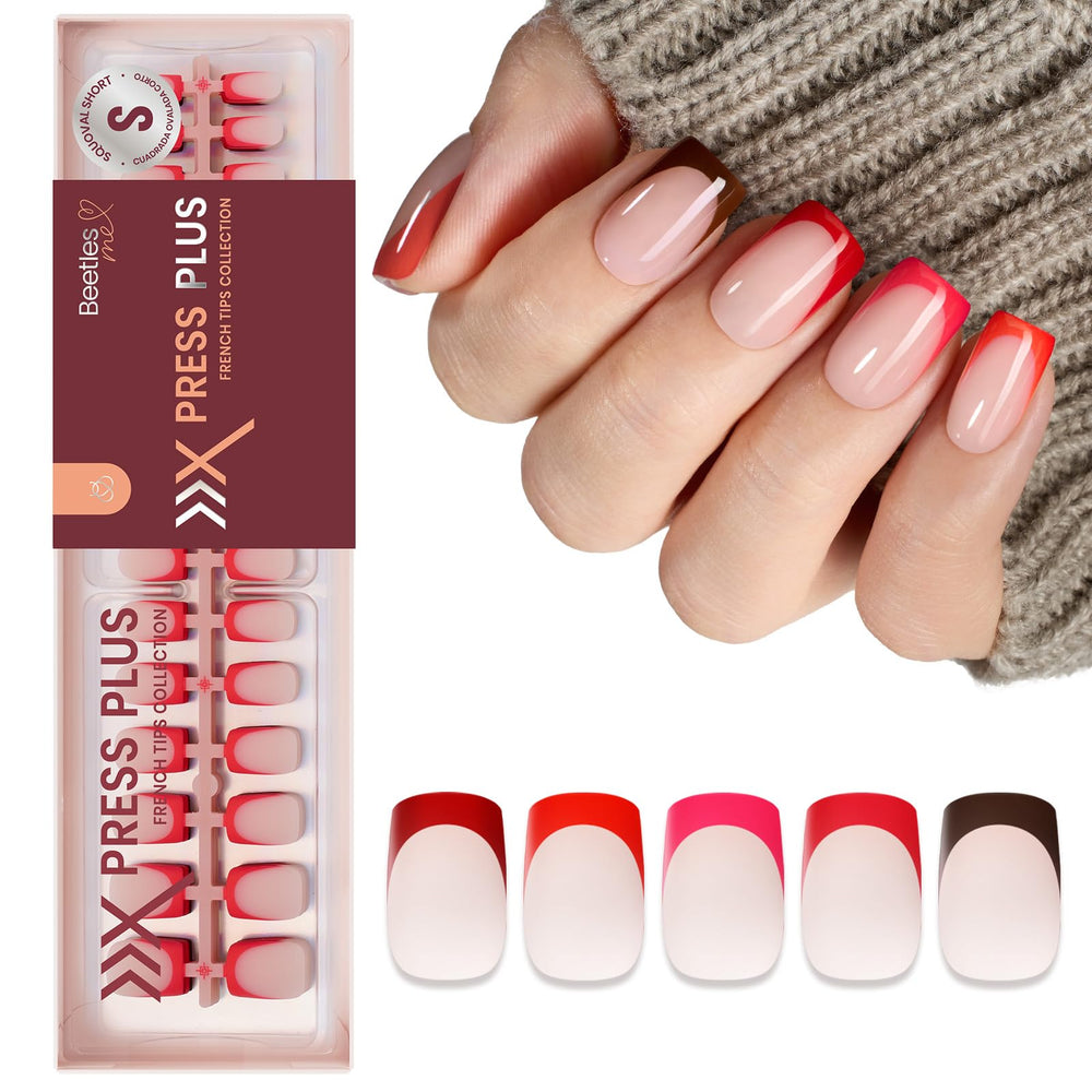 Ongles Beetles X Press rouges avec bord rouge et style français élégant.