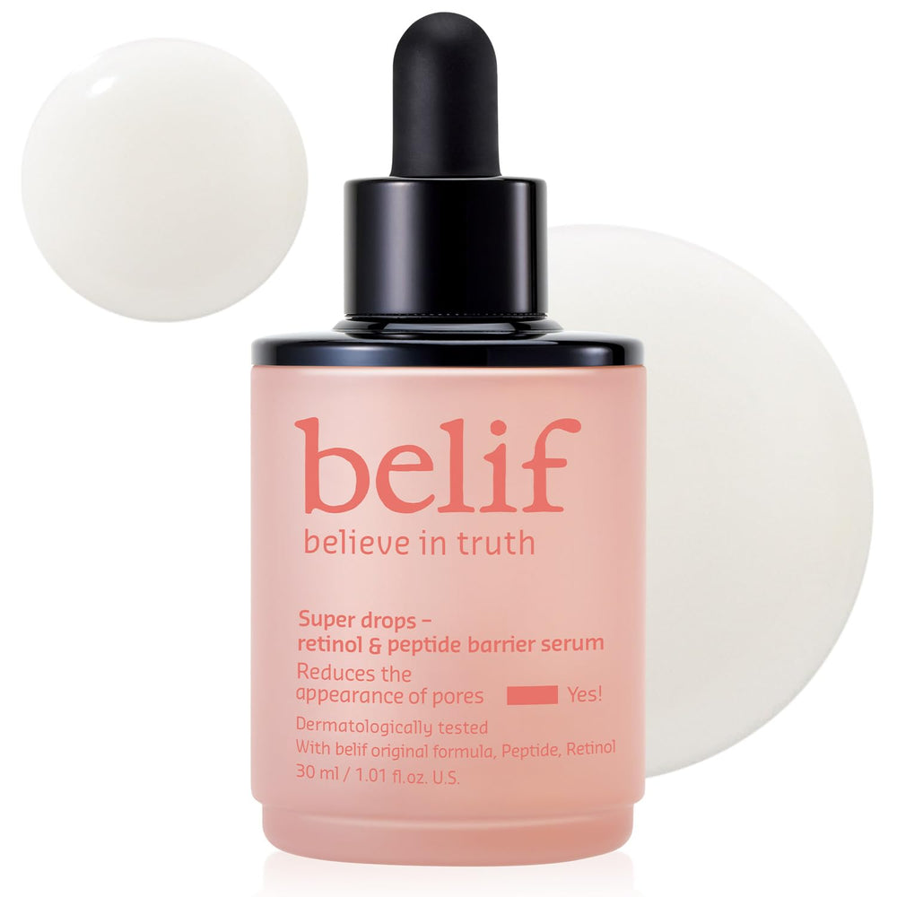Sérum belif Retinol & Peptide sur sa bouteille, potentiel raffermissant.
