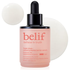 Sérum belif Retinol & Peptide sur sa bouteille, potentiel raffermissant.