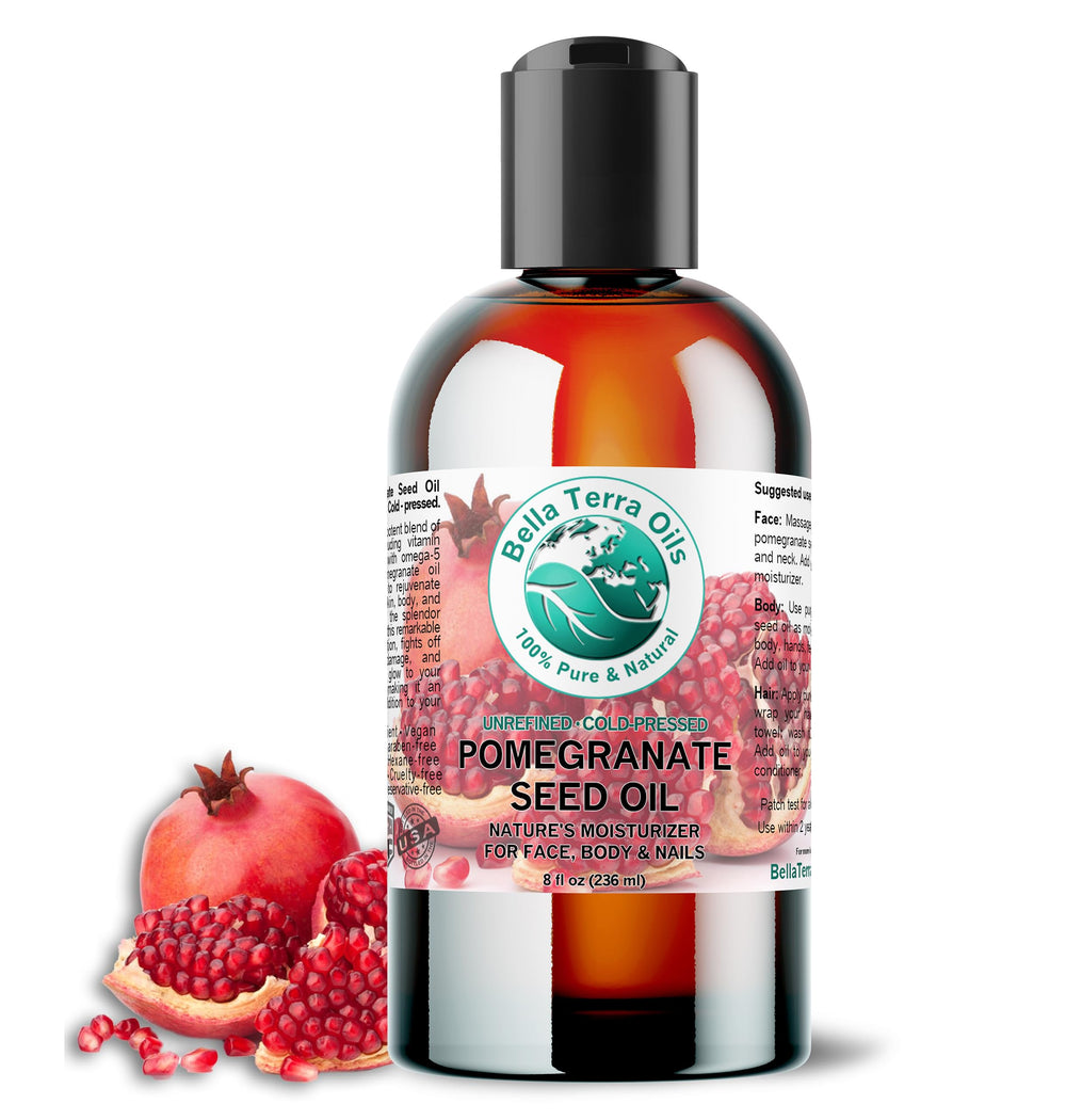Bella Terra Oils présente le flacon d'huile de graines de grenade pour hydrater la peau.