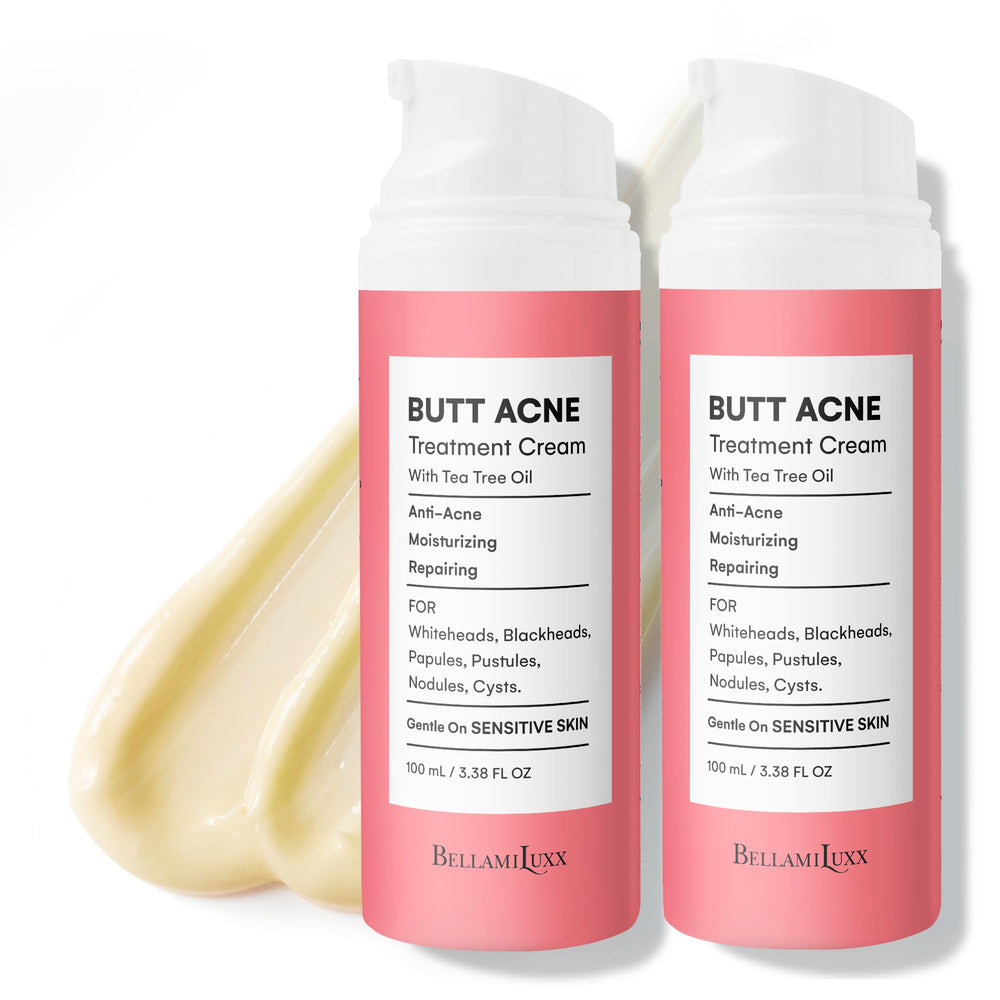 BellamiLuxx crème traitante acné du corps en bouteille, soin ciblé.