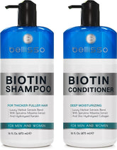 Bellisso Shampoing Biotine en bouteille, volume perçu renforcé et cheveux visiblement plus épais.