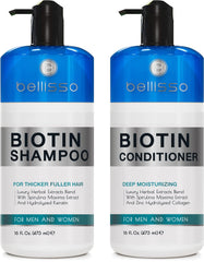 Bellisso Shampoing Biotine en bouteille, volume perçu renforcé et cheveux visiblement plus épais.