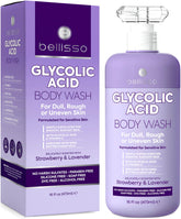 BELLISSO Glycolic Acid Body Wash – bouteille affichant le logo et exfoliation douce
