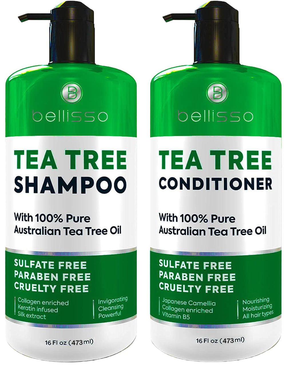 Bellisso Shampoing arbre-à-thé – bouteille élégante pour une utilisation quotidienne et rafraîchissante.