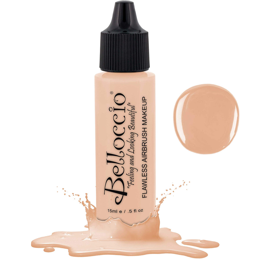 Belloccio fond airbrush: bouteille 0,5 oz blanche clair avec sous-tons jaunes, base naturelle.