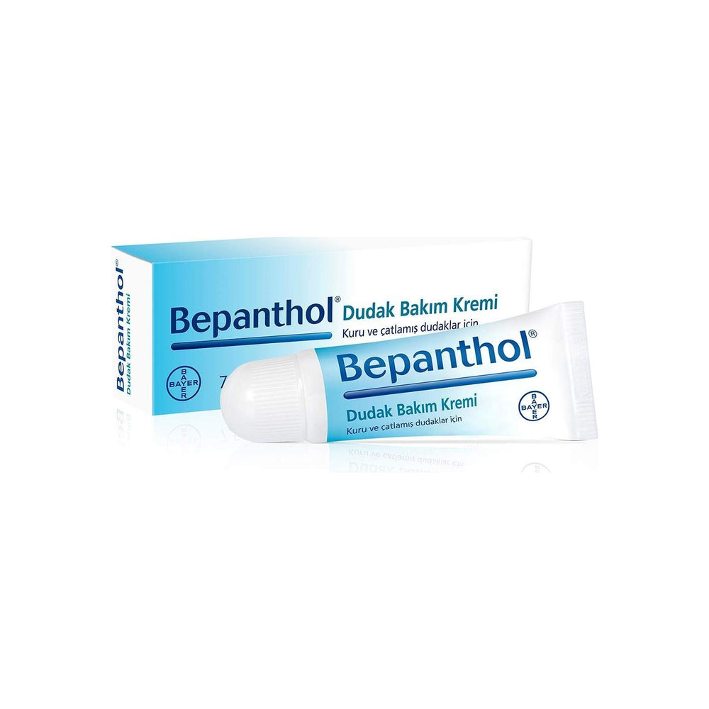 Bepanthol Crème Soin Lèvres, vue d'ensemble montrant le tube et l'hydratation durable.