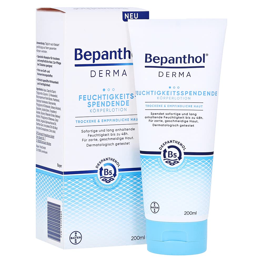 Bepanthol Derma Lotion Corps, tube 200 ml, hydratation durable pour peau sensible.