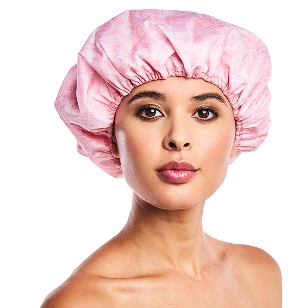 Bonnet Betty Dain en nylon Socialite rose dentelle, protège les cheveux sous la douche.