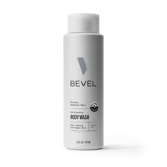Bevel Exfoliant douche, bouteille noir cassis, exfolie en douceur et hydrate après la douche.