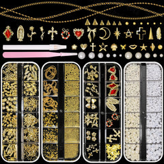 Bezztito: quatre boîtes caviar doré et perles pour des ongles élégants et personnalisables.