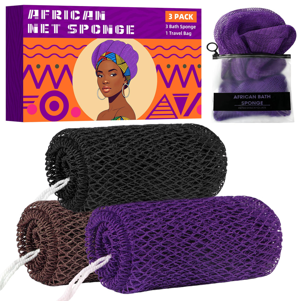 Éponge BHYTAKI en filet africain, ensemble de 3 pièces, exfolie en douceur.