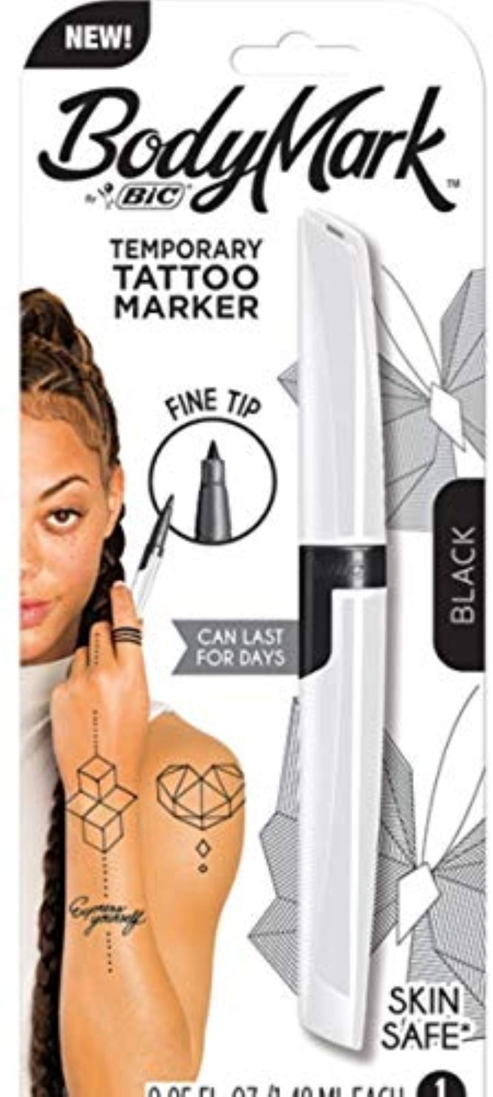 Stylo-tatouage temporaire BIC BodyMark avec pointe fine pour détails nets sur la peau.