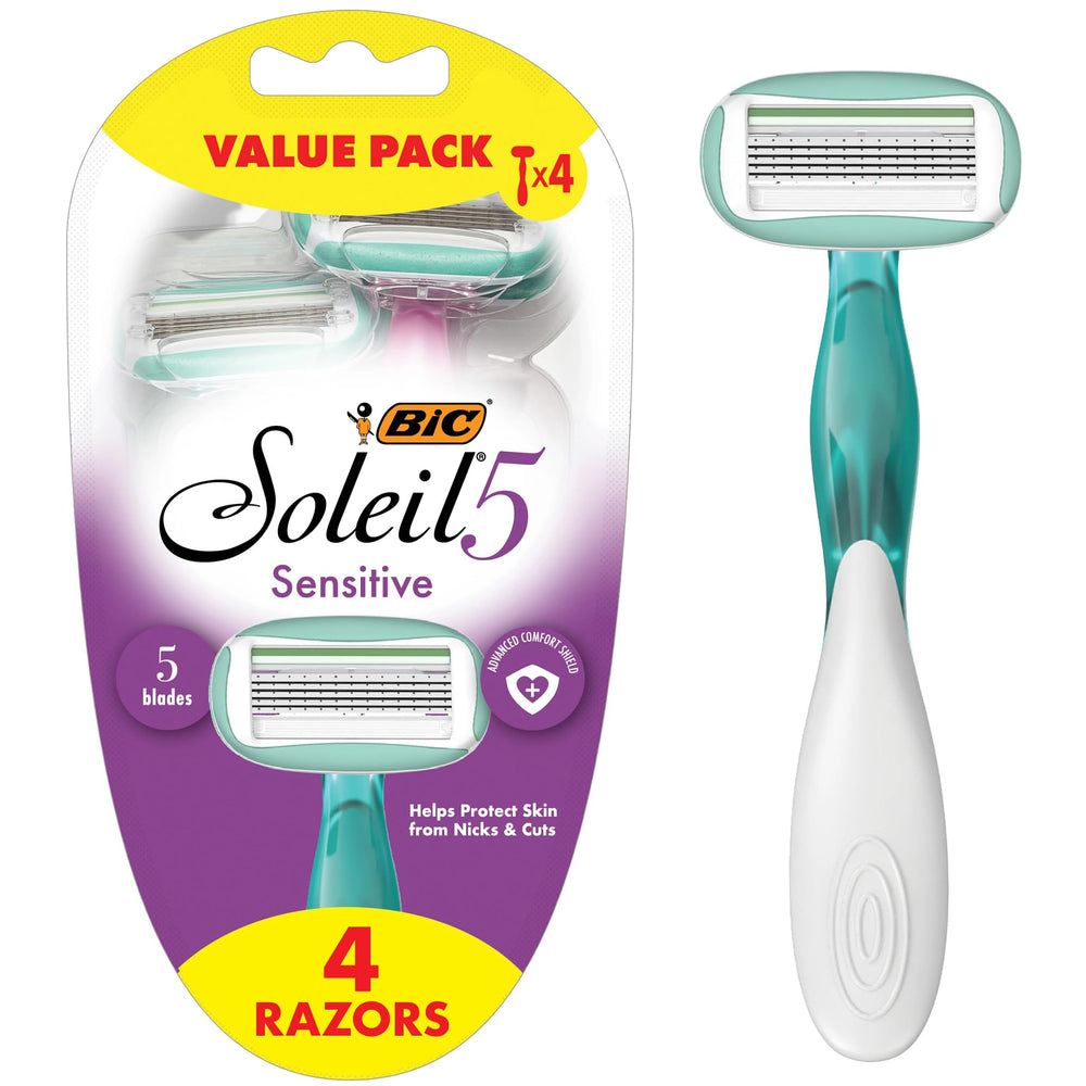 Rasoir BIC Soleil 5 Sensitive lot de 4, glisse douce et protection cutanée.