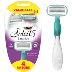 Rasoir BIC Soleil 5 Sensitive lot de 4, glisse douce et protection cutanée.