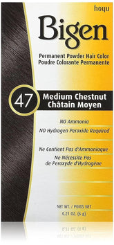Bigen 47 chatain moyen, boîte et préparation, couleur durable adaptée aux cheveux chimiquement traités.