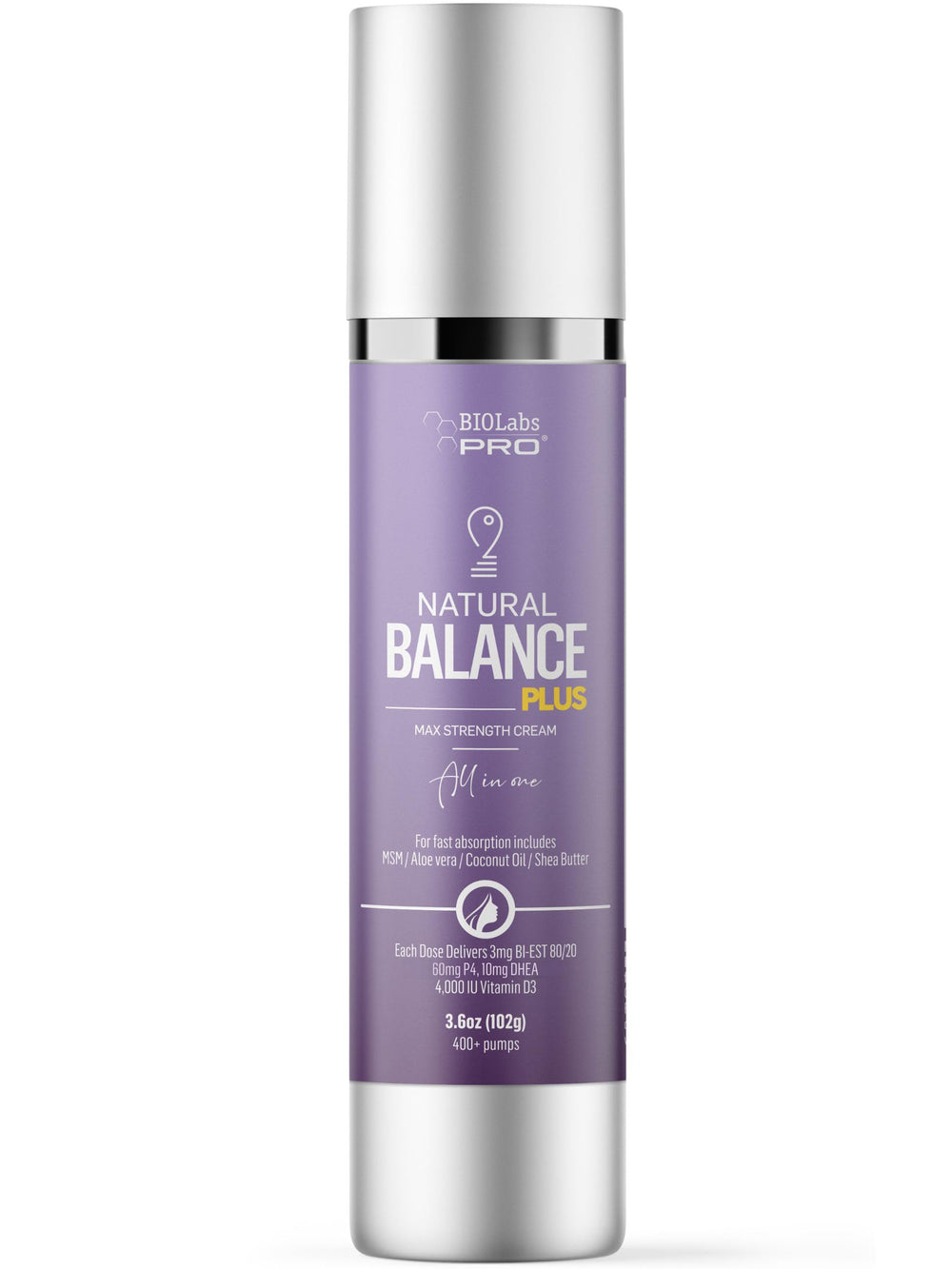 BIOLABS PRO Crème bioidentique – bouteille luxueuse avec pompe pour application constante.
