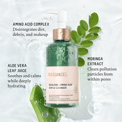 BIOSSANCE Squalane + Amino Aloe – extraits de moringa purifiant, pores visiblement resserrés et peau clarifiée.