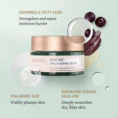BIOSSANCE Squalane + Omega Repair Cream, ceramides et oméga renforcent la barrière cutanée.