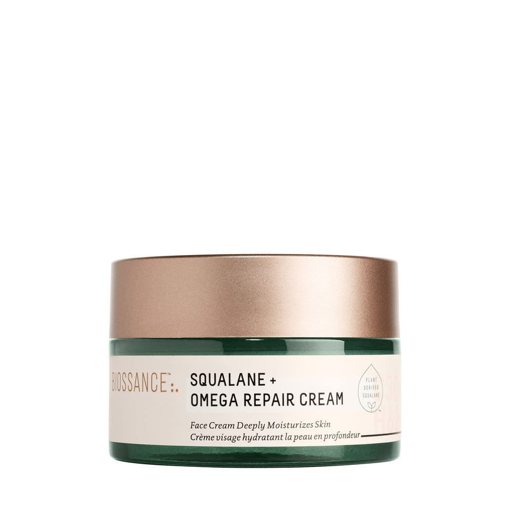 BIOSSANCE Squalane + Omega Repair Cream, bouteille, hydratation durable qui apaise la peau.