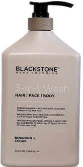 Blackstone 3-en-1: bouteille Bourbon Cedar, nettoie cheveux, visage et corps en douceur.