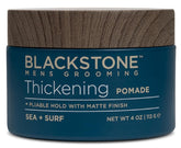 Blackstone thickening pomade bottle shows fuller-looking textured style.