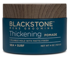 Blackstone thickening pomade bottle shows fuller-looking textured style.