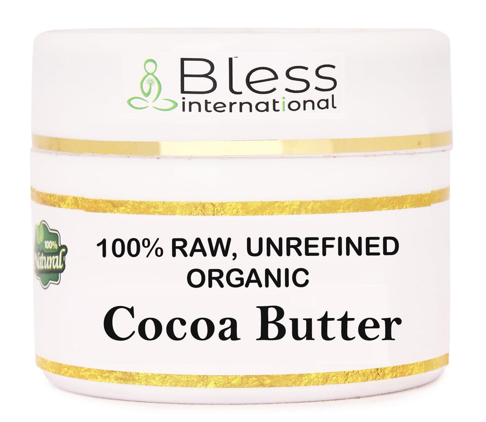 Beurre de cacao cru Bless International dans un pot; hydratation naturelle pour la peau.