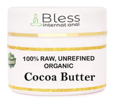 Beurre de cacao cru Bless International dans un pot; hydratation naturelle pour la peau.