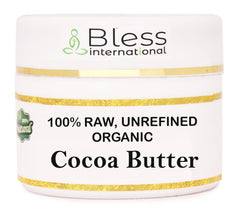 Beurre de cacao cru Bless International dans un pot; hydratation naturelle pour la peau.