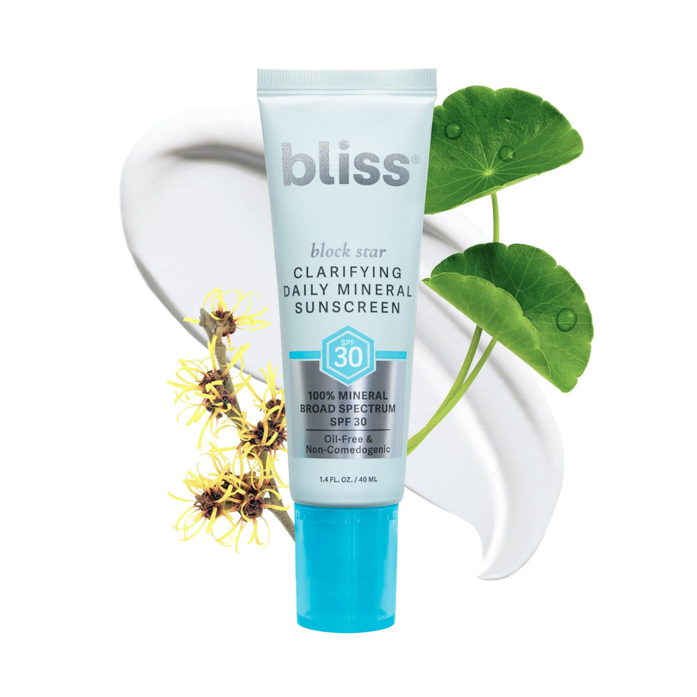 Bliss Block Star – bouteille, protection solaire quotidienne SPF30 adaptée à tous types de peau.