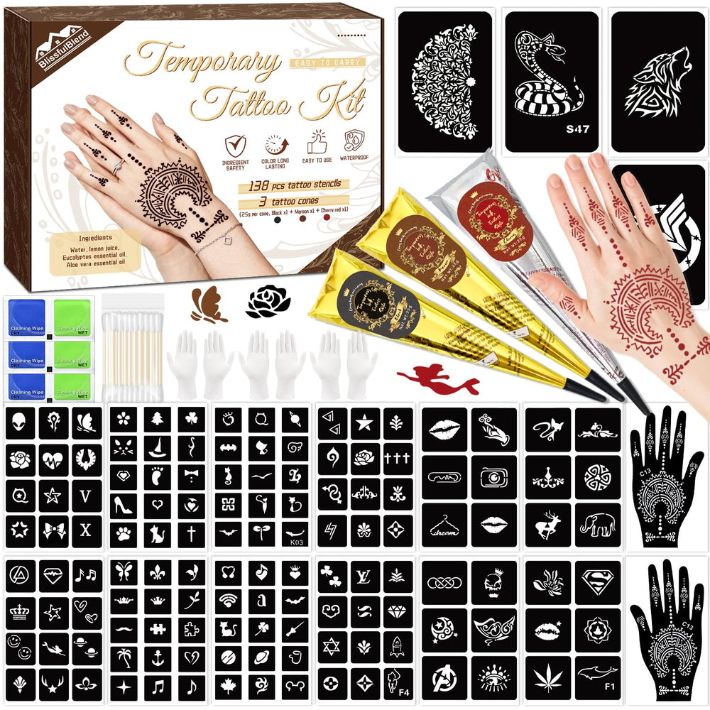 BlissfulBlend ensemble-tatouages-temporaires 146 pièces, prêt à personnaliser facilement.