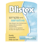 Blistex Simple and Sensitive lip moisturizer box-front highlights hypoallergenic lip care for sensitive lips.