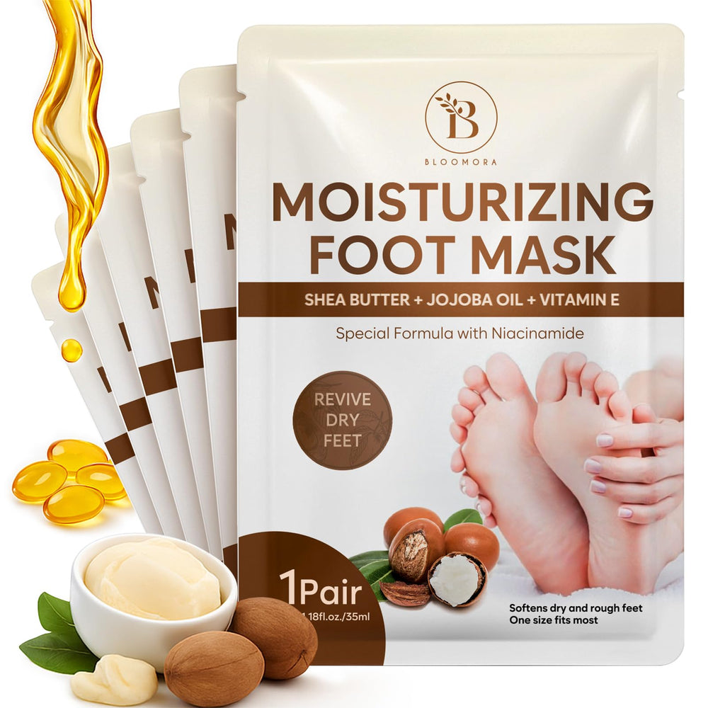 Masque-pieds BLOOMORA dans emballage, hydratation en profondeur promise.