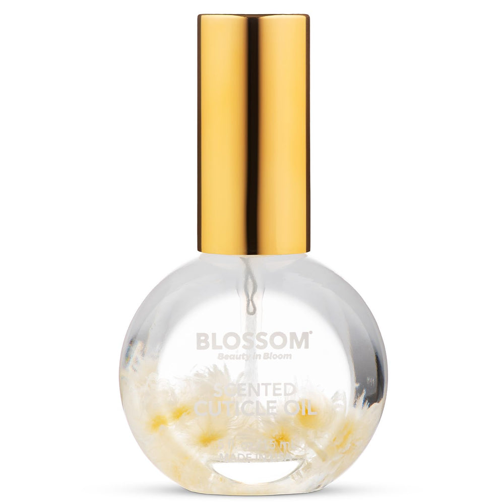 Blossom Cuticle Oil flacon 0,5 oz avec fleurs réelles pour hydrater les cuticules.