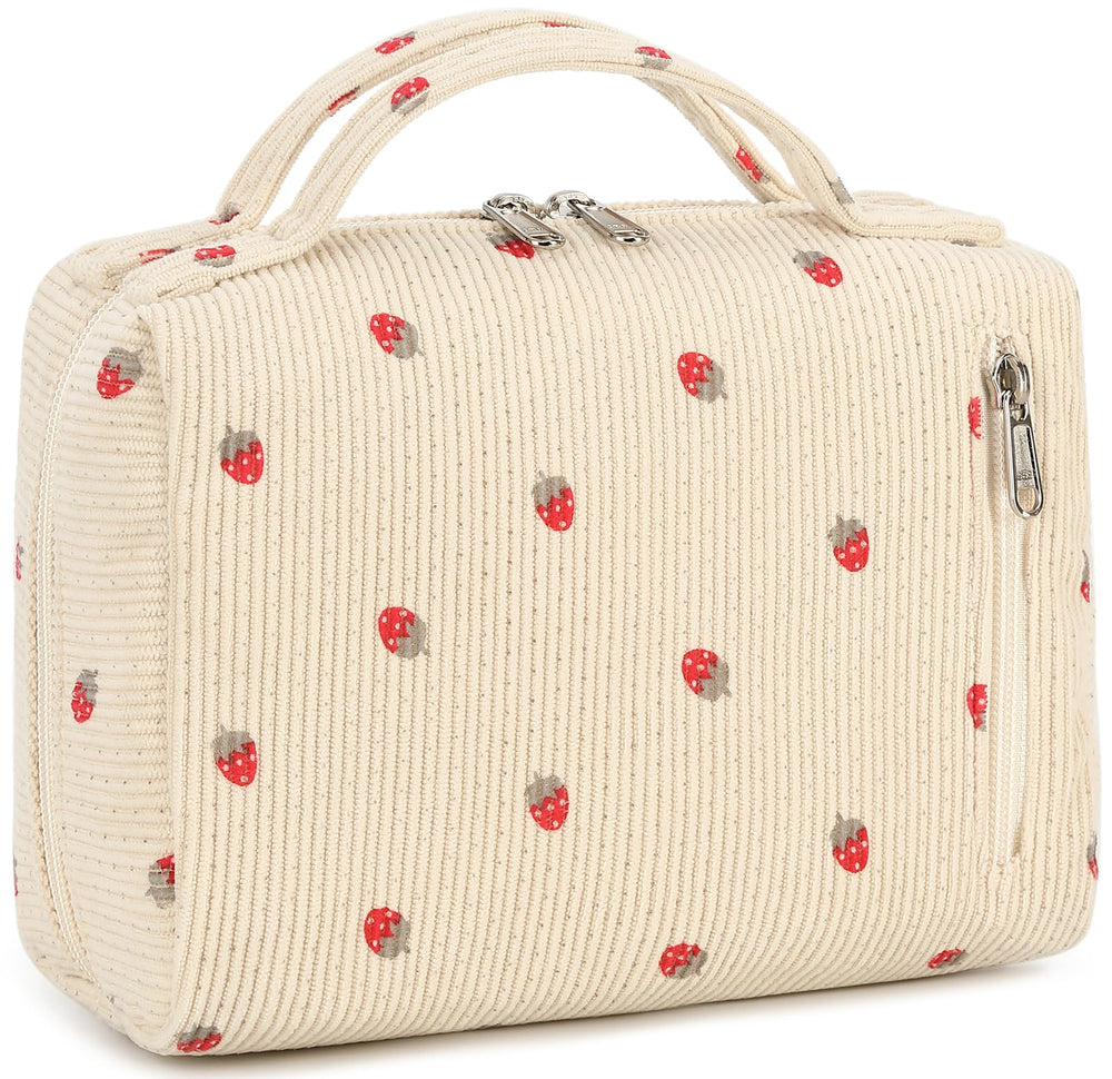 Bluboon sac-maquillage velours-cotele fraise-beige, rangement élégant en voyage.