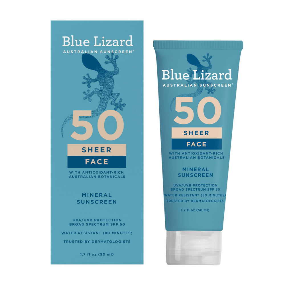 Blue Lizard flacon visage minéral SPF50, protection légère et invisible.