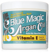 Blue Magic huile d'argan sans rinçage en bouteille bleue pour hydrater les cheveux.