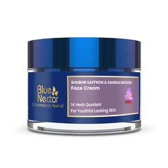 Blue Nectar Crème Visage Kumkumadi, bouteille élégante et hydratante pour peau mature.