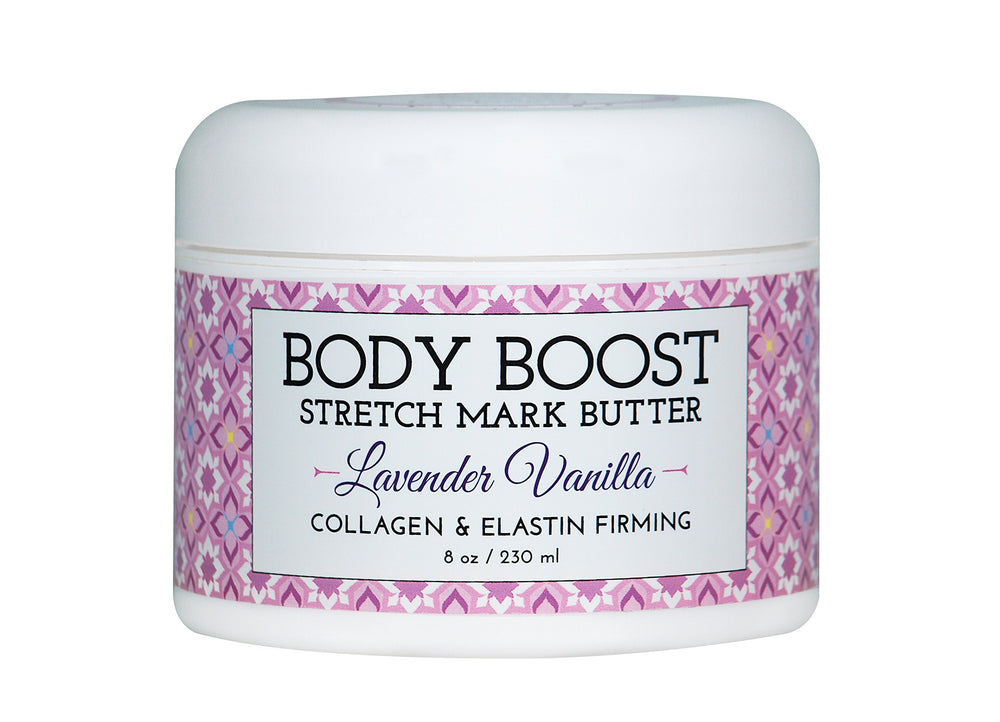 Body Boost Beurre anti-vergetures lavande vanille, bouteille 236 ml, hydratation durable.