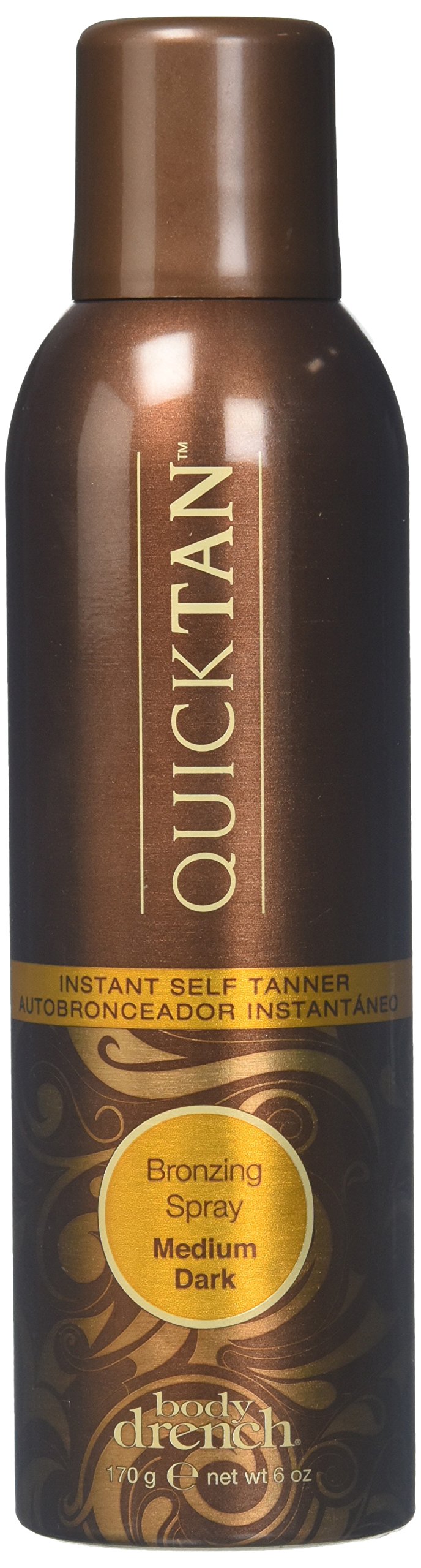 Body Drench QuickTan brume autobronzante – bouteille montrant bronzage instantané et naturel