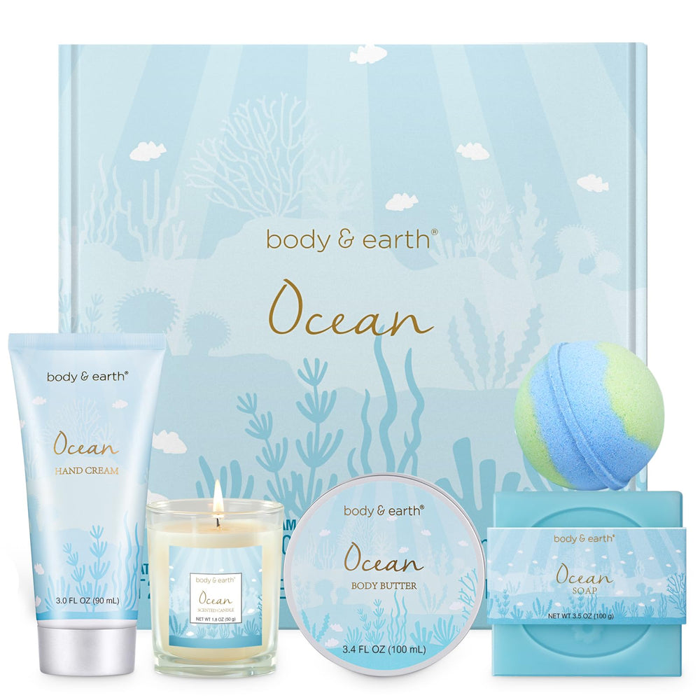 Coffret BODY & EARTH avec bougie parfumée pour spa à domicile.