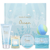 Coffret BODY & EARTH avec bougie parfumée pour spa à domicile.