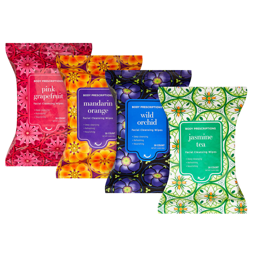 Body Prescriptions lingettes démaquillantes, emballage refermable, pratique pour nettoyage rapide en déplacement.