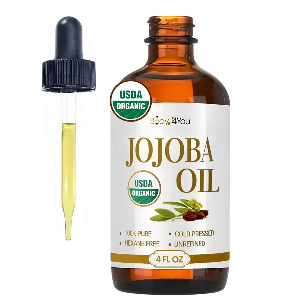 BodyJ4You huile jojoba dans bouteille ambrée, hydratation douce pour peau et cheveux.