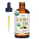 BodyJ4You huile jojoba dans bouteille ambrée, hydratation douce pour peau et cheveux.