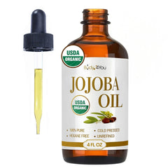 BodyJ4You huile jojoba dans bouteille ambrée, hydratation douce pour peau et cheveux.